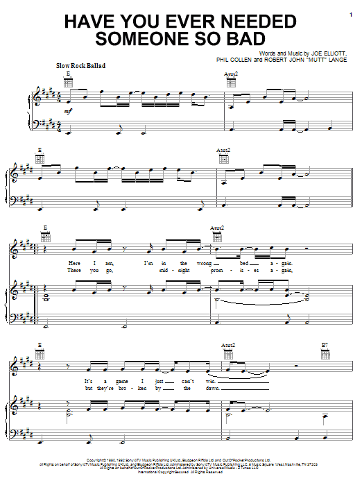 Def Leppard Have You Ever Needed Someone So Bad Sheet Music Notes & Chords for Piano, Vocal & Guitar (Right-Hand Melody) - Download or Print PDF