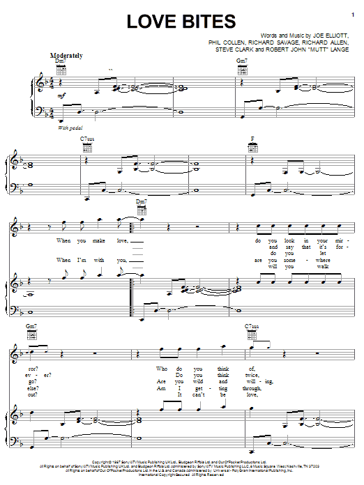 Def Leppard Love Bites Sheet Music Notes & Chords for Piano, Vocal & Guitar (Right-Hand Melody) - Download or Print PDF