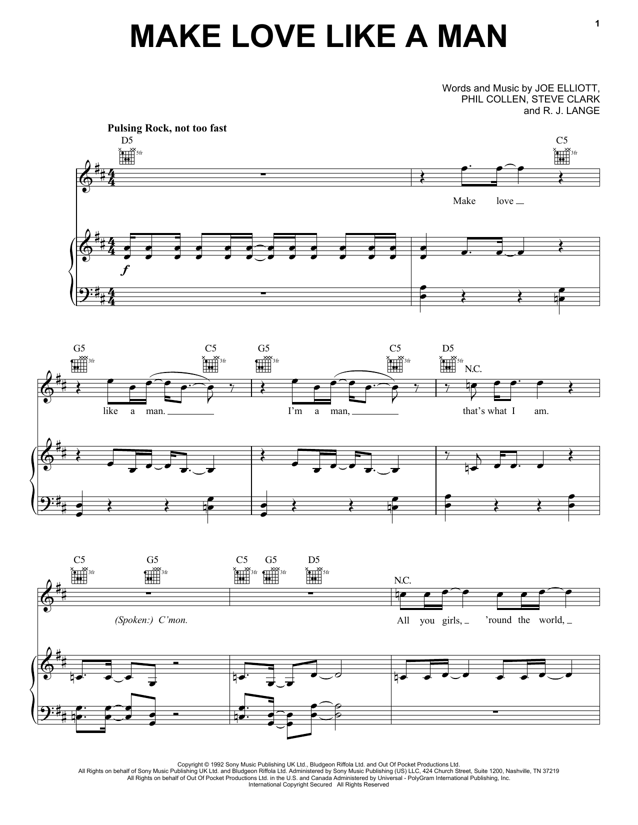 Def Leppard Make Love Like A Man Sheet Music Notes & Chords for Piano, Vocal & Guitar Chords (Right-Hand Melody) - Download or Print PDF