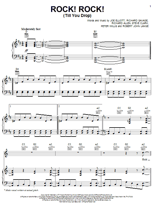 Def Leppard Rock! Rock! (Till You Drop) Sheet Music Notes & Chords for Piano, Vocal & Guitar (Right-Hand Melody) - Download or Print PDF