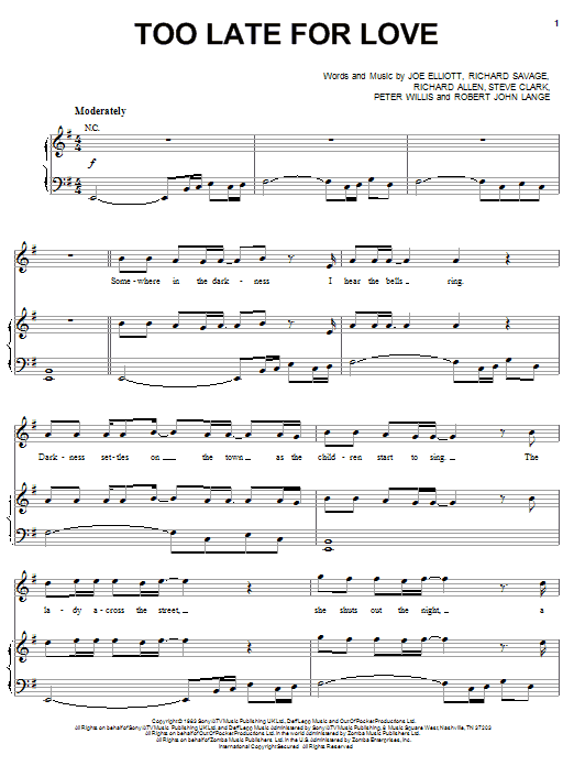 Def Leppard Too Late For Love Sheet Music Notes & Chords for Piano, Vocal & Guitar (Right-Hand Melody) - Download or Print PDF