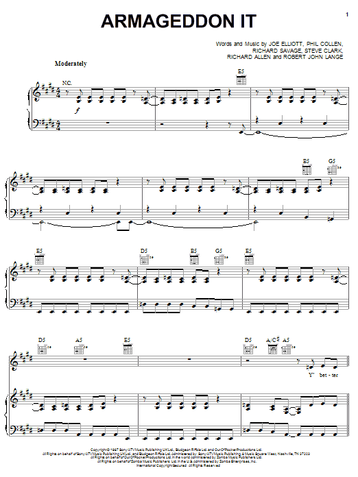 Preview Def Leppard Armageddon It Pop sheet music, notes and chords for Piano, Vocal & Guitar (Right-Hand Melody), SKU: 54243 Armageddon It sheet music