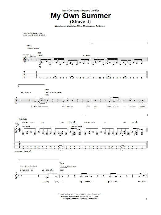 Deftones My Own Summer (Shove It) Sheet Music Notes & Chords for Guitar Tab - Download or Print PDF
