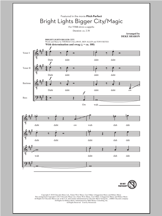 Deke Sharon Bright Lights Bigger City/Magic Sheet Music Notes & Chords for TTBB - Download or Print PDF