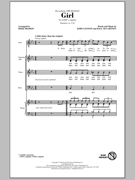 Deke Sharon Girl Sheet Music Notes & Chords for TTBB - Download or Print PDF