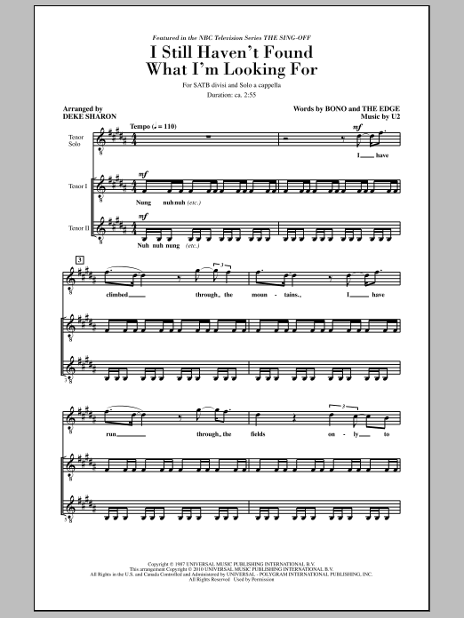 Deke Sharon I Still Haven't Found What I'm Looking For (from NBC's The Sing-Off) Sheet Music Notes & Chords for SATB - Download or Print PDF