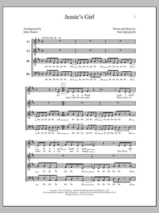 Deke Sharon Jessie's Girl Sheet Music Notes & Chords for Choral - Download or Print PDF