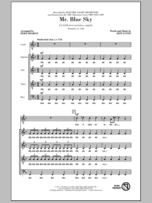 Deke Sharon Mr. Blue Sky (from NBC's The Sing-Off) Sheet Music Notes & Chords for SATB - Download or Print PDF