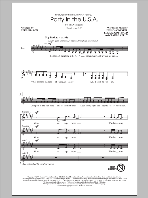 Deke Sharon Party In The U.S.A. Sheet Music Notes & Chords for SSA - Download or Print PDF