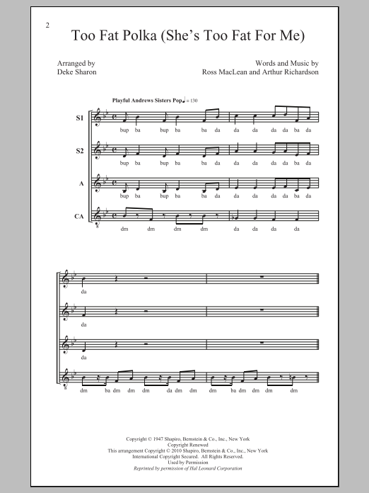 Deke Sharon Too Fat Polka (She's Too Fat For Me) Sheet Music Notes & Chords for SSA - Download or Print PDF
