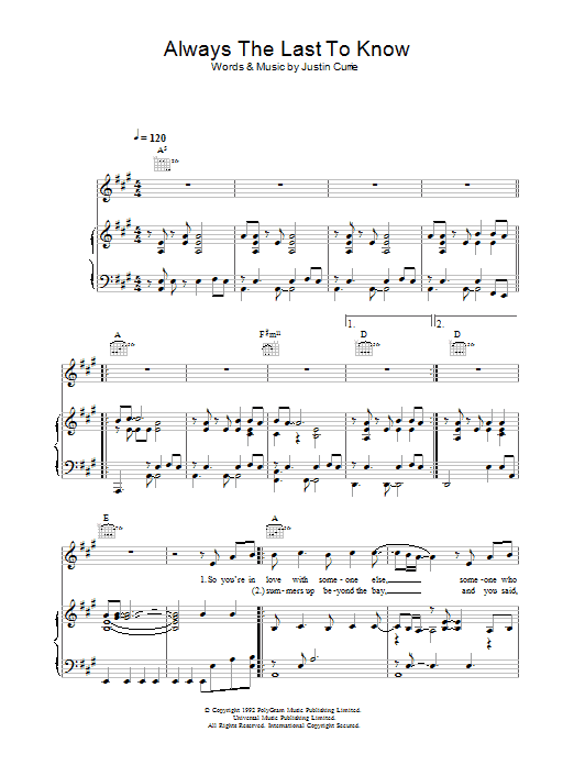 Del Amitri Always The Last To Know Sheet Music Notes & Chords for Piano, Vocal & Guitar (Right-Hand Melody) - Download or Print PDF