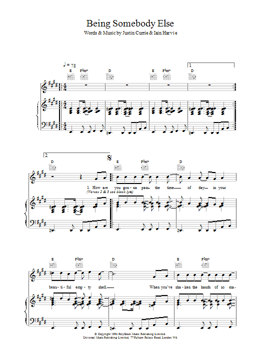 Del Amitri Being Somebody Else Sheet Music Notes & Chords for Piano, Vocal & Guitar (Right-Hand Melody) - Download or Print PDF