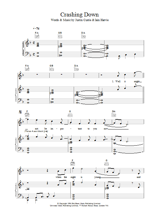 Del Amitri Crashing Down Sheet Music Notes & Chords for Piano, Vocal & Guitar (Right-Hand Melody) - Download or Print PDF