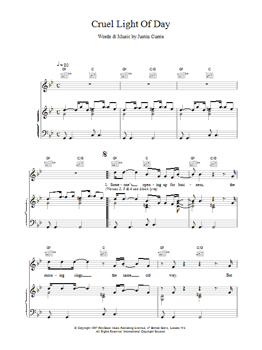 Del Amitri Cruel Light Of Day Sheet Music Notes & Chords for Piano, Vocal & Guitar (Right-Hand Melody) - Download or Print PDF