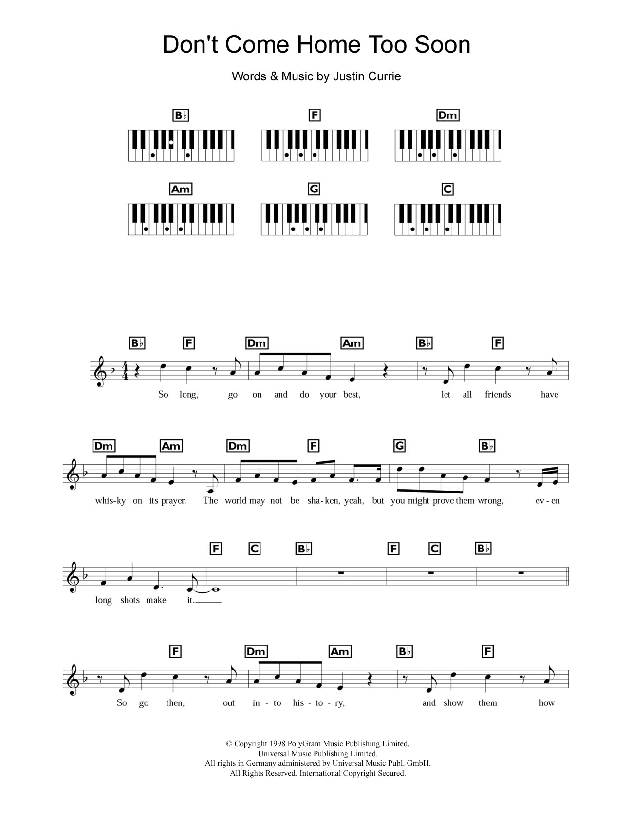 Del Amitri Don't Come Home Too Soon (Scotland's World Cup '98 Theme) Sheet Music Notes & Chords for Piano Chords/Lyrics - Download or Print PDF