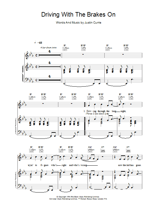Del Amitri Driving With The Brakes On Sheet Music Notes & Chords for Piano, Vocal & Guitar (Right-Hand Melody) - Download or Print PDF