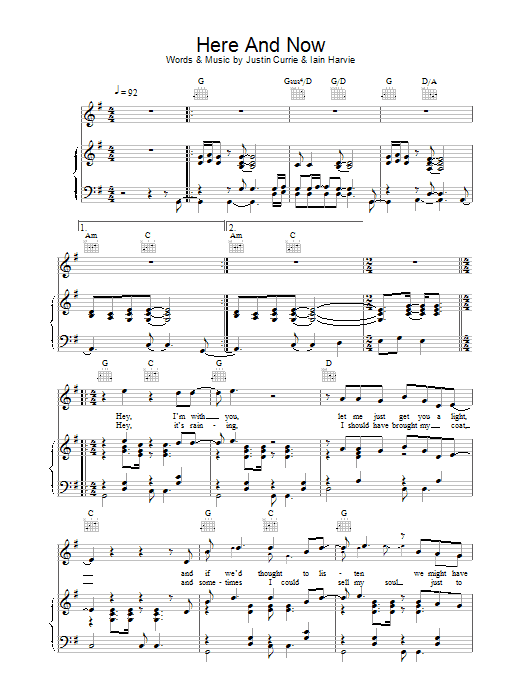 Del Amitri Here And Now Sheet Music Notes & Chords for Piano, Vocal & Guitar (Right-Hand Melody) - Download or Print PDF