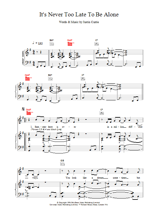 Del Amitri It's Never Too Late To Be Alone Sheet Music Notes & Chords for Piano, Vocal & Guitar (Right-Hand Melody) - Download or Print PDF