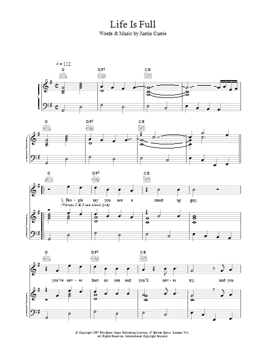 Del Amitri Life Is Full Sheet Music Notes & Chords for Piano, Vocal & Guitar (Right-Hand Melody) - Download or Print PDF