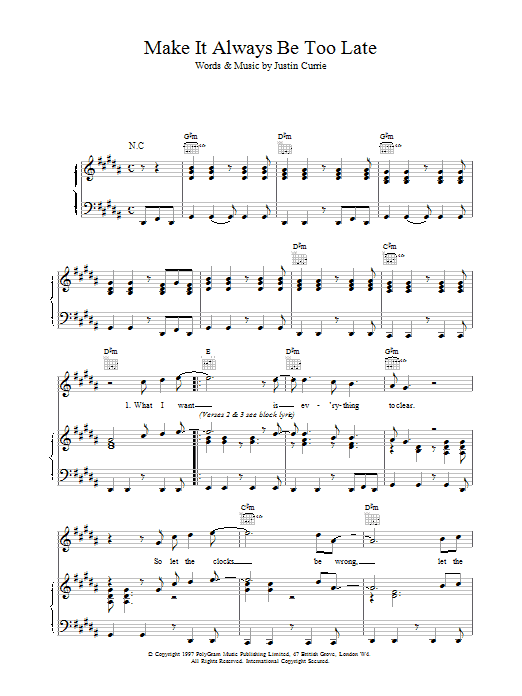 Del Amitri Make It Always Be Too Late Sheet Music Notes & Chords for Piano, Vocal & Guitar (Right-Hand Melody) - Download or Print PDF