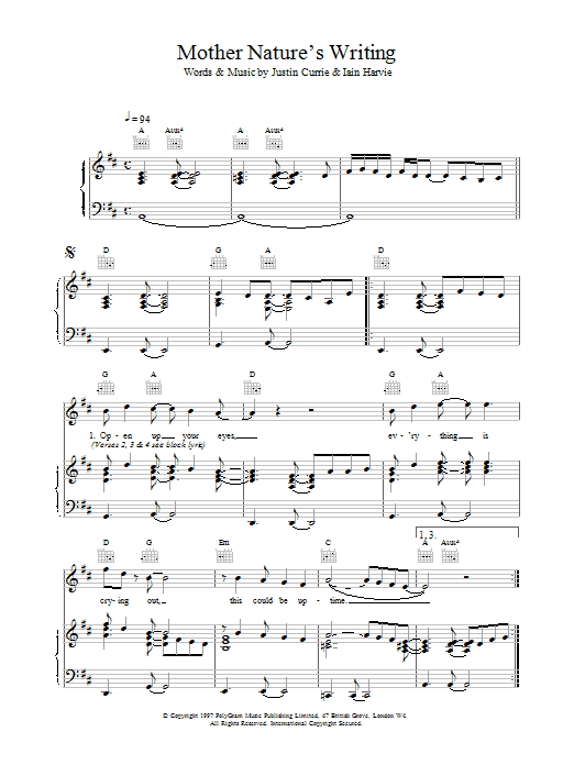 Del Amitri Mother Nature's Writing Sheet Music Notes & Chords for Piano, Vocal & Guitar (Right-Hand Melody) - Download or Print PDF