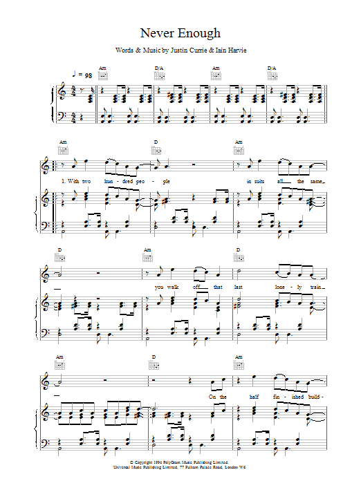 Del Amitri Never Enough Sheet Music Notes & Chords for Piano, Vocal & Guitar (Right-Hand Melody) - Download or Print PDF