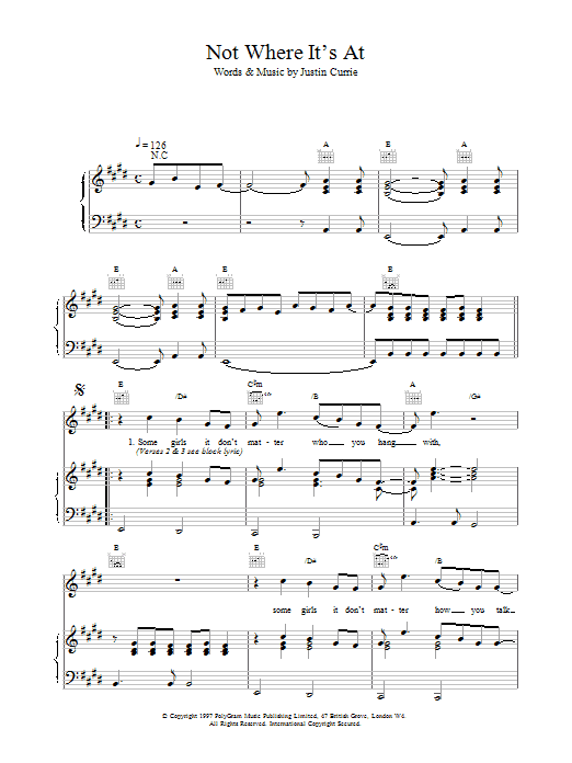 Del Amitri Not Where It's At Sheet Music Notes & Chords for Piano, Vocal & Guitar (Right-Hand Melody) - Download or Print PDF