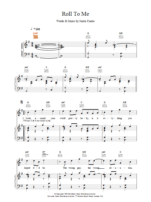 Del Amitri Roll To Me Sheet Music Notes & Chords for Piano, Vocal & Guitar (Right-Hand Melody) - Download or Print PDF