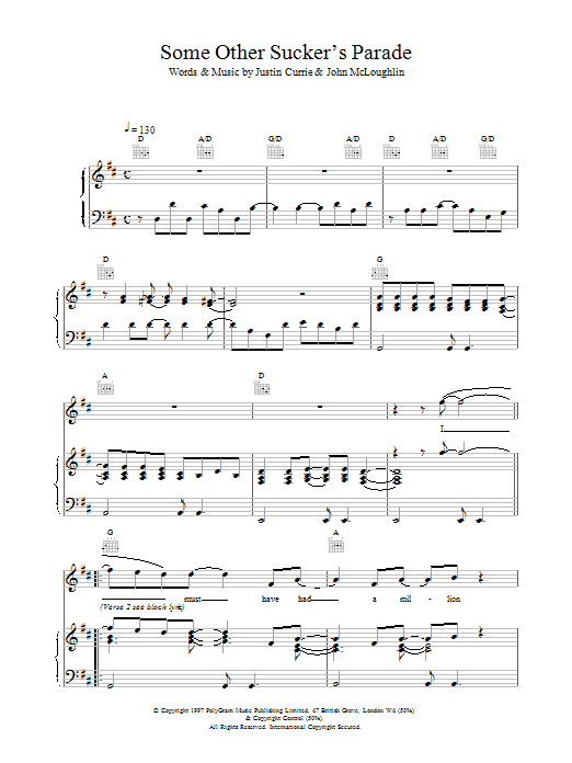 Del Amitri Some Other Sucker's Parade Sheet Music Notes & Chords for Piano, Vocal & Guitar (Right-Hand Melody) - Download or Print PDF