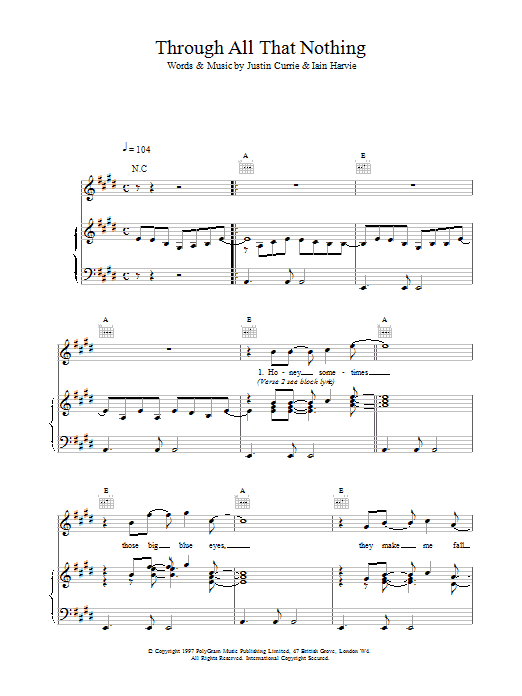 Del Amitri Through All That Nothing Sheet Music Notes & Chords for Piano, Vocal & Guitar (Right-Hand Melody) - Download or Print PDF