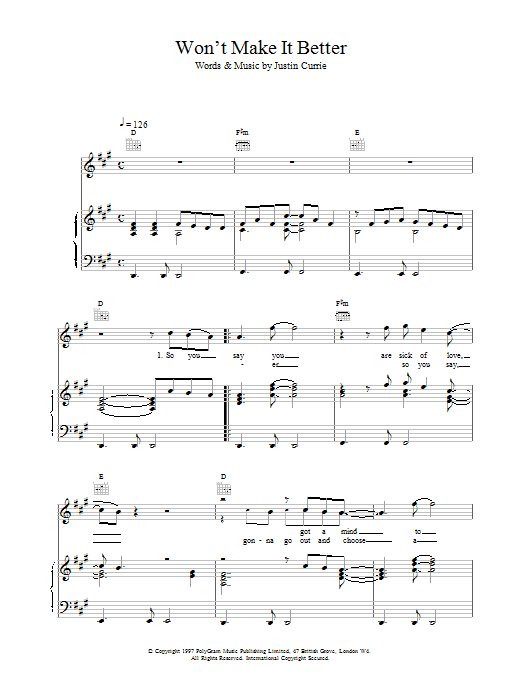 Del Amitri Won't Make It Better Sheet Music Notes & Chords for Piano, Vocal & Guitar (Right-Hand Melody) - Download or Print PDF