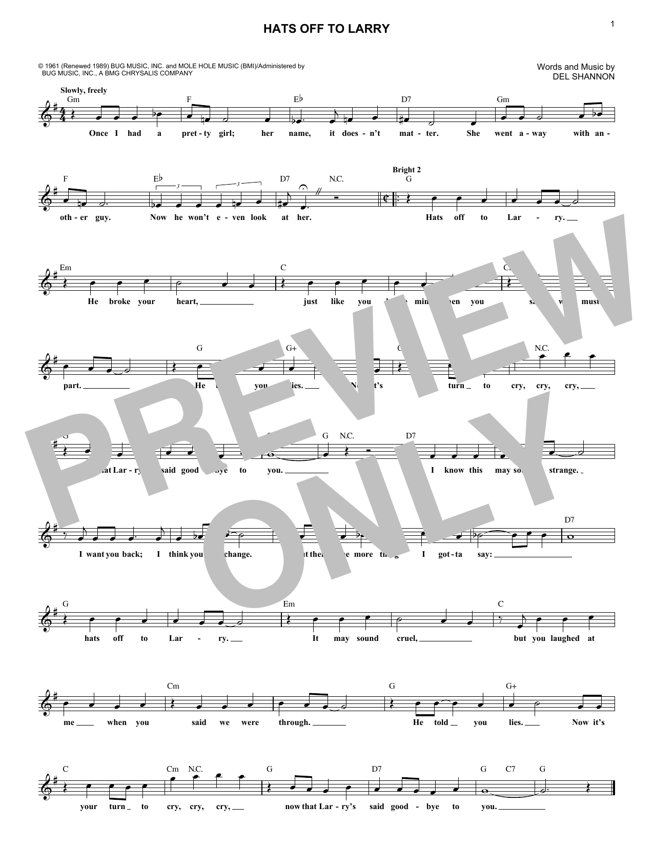 Del Shannon Hats Off To Larry Sheet Music Notes & Chords for Melody Line, Lyrics & Chords - Download or Print PDF