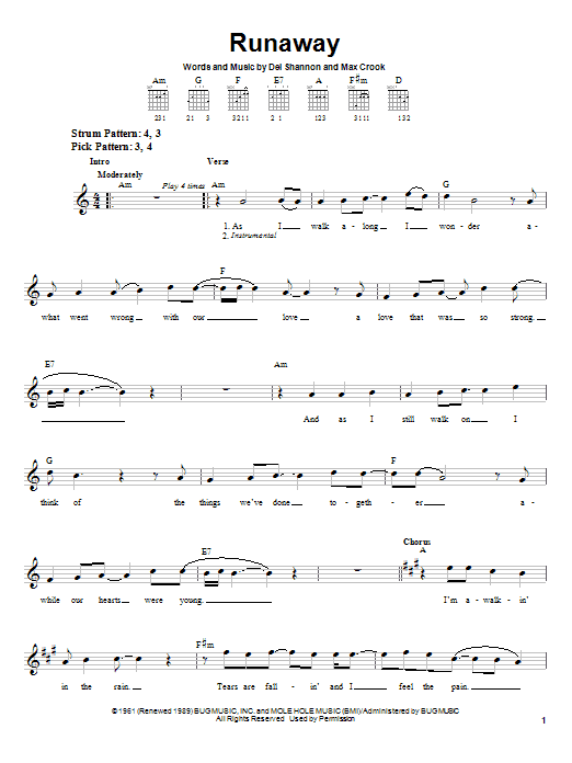 Del Shannon Runaway Sheet Music Notes & Chords for Piano, Vocal & Guitar - Download or Print PDF