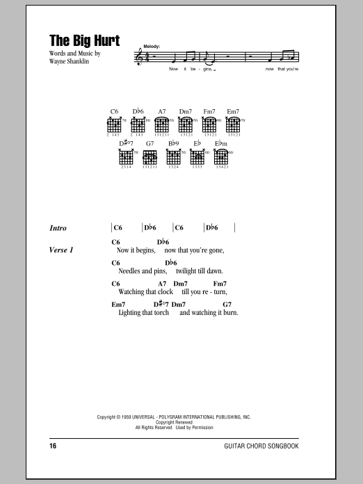 Del Shannon The Big Hurt Sheet Music Notes & Chords for Melody Line, Lyrics & Chords - Download or Print PDF