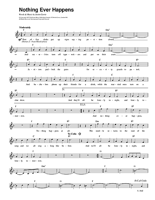 Preview Del Amitri Nothing Ever Happens Rock sheet music, notes and chords for Melody Line, Lyrics & Chords, SKU: 14128 Nothing Ever Happens sheet music