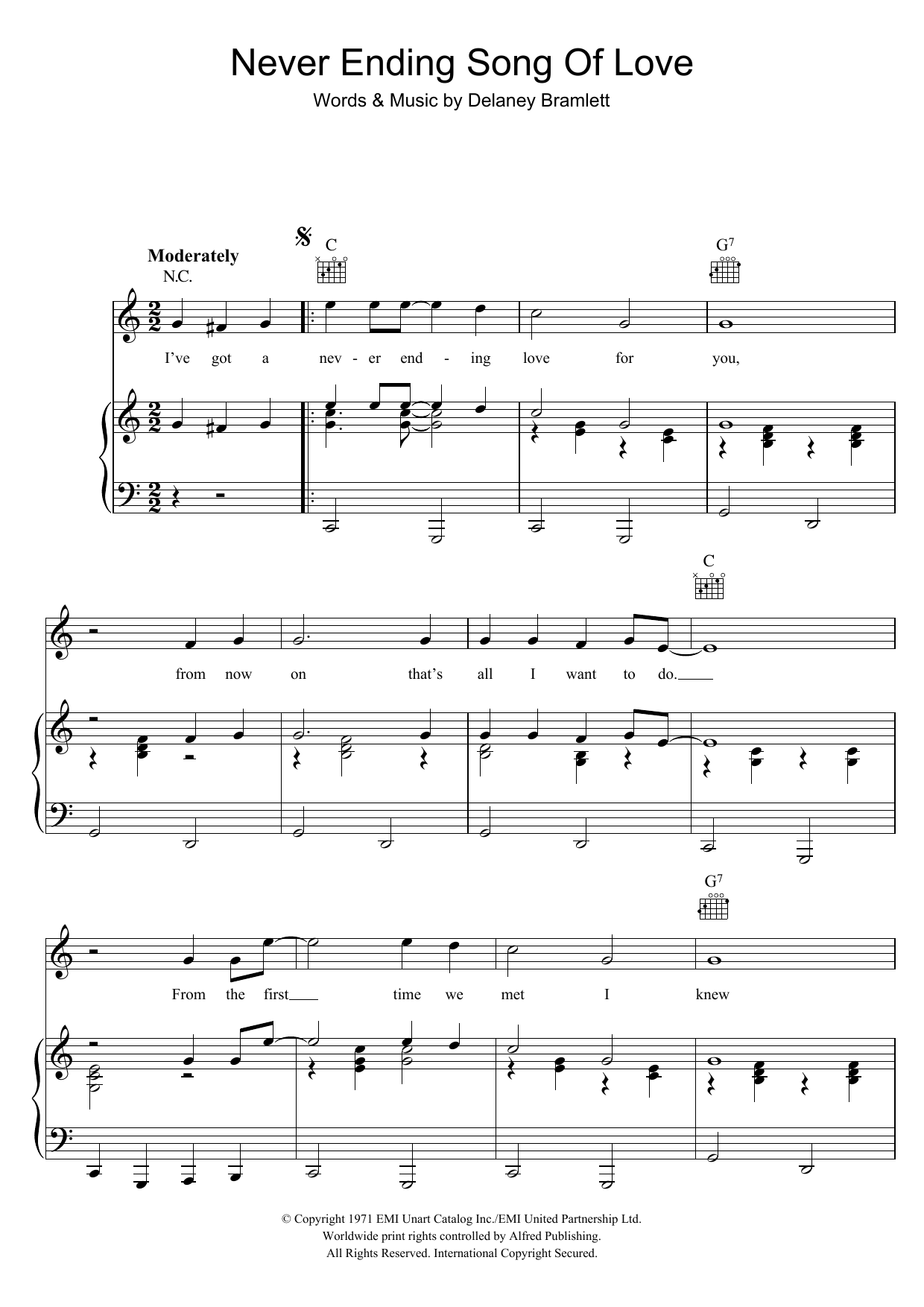 Delaney & Bonnie Never Ending Song Of Love Sheet Music Notes & Chords for Piano, Vocal & Guitar (Right-Hand Melody) - Download or Print PDF