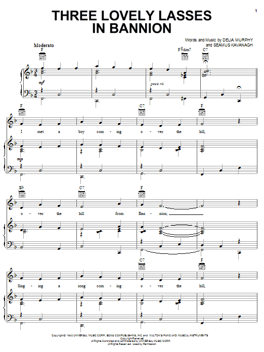 Delia Murphy Three Lovely Lasses In Bannion Sheet Music Notes & Chords for Piano, Vocal & Guitar (Right-Hand Melody) - Download or Print PDF