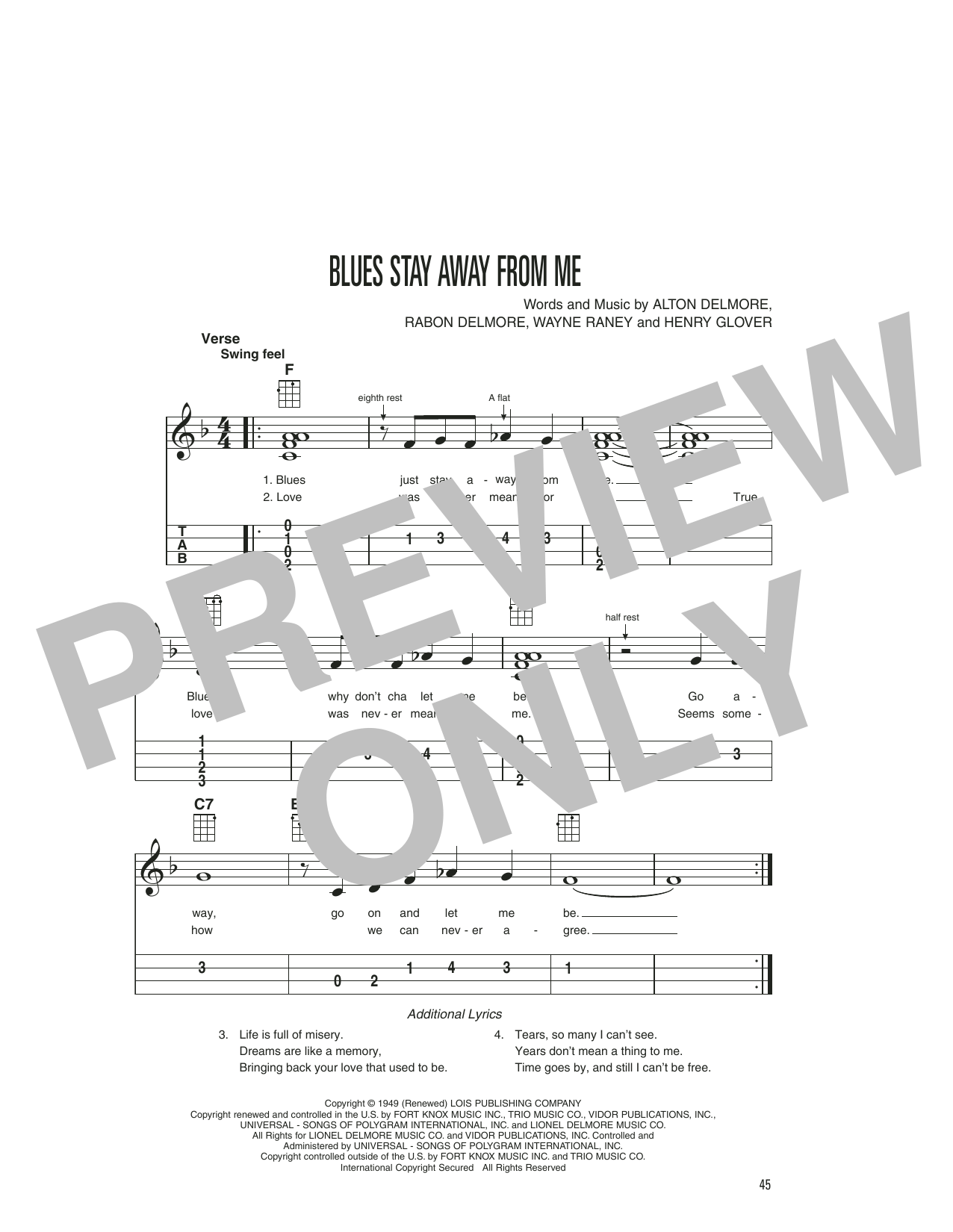 Delmore Brothers Blues Stay Away From Me Sheet Music Notes & Chords for Easy Ukulele Tab - Download or Print PDF