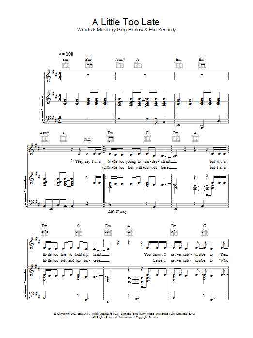 Delta Goodrem A Little Too Late Sheet Music Notes & Chords for Piano, Vocal & Guitar (Right-Hand Melody) - Download or Print PDF