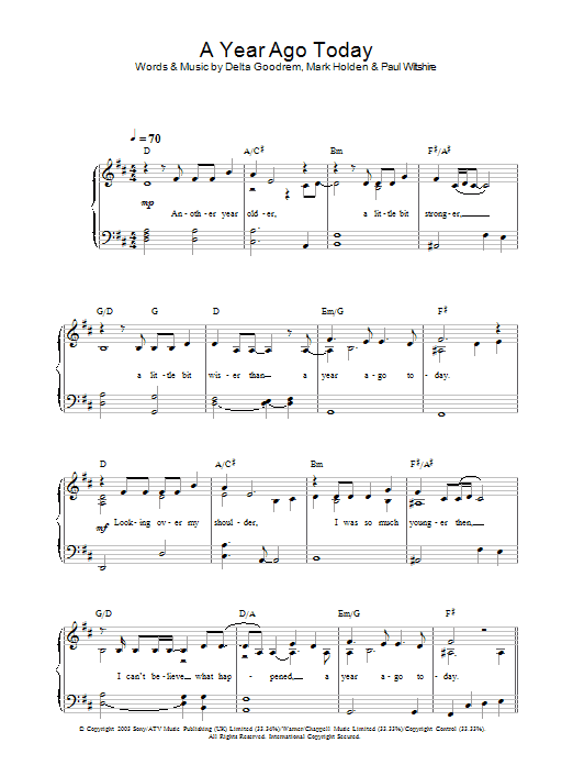 Delta Goodrem A Year Ago Today Sheet Music Notes & Chords for Easy Piano - Download or Print PDF