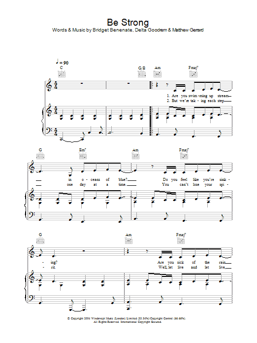 Delta Goodrem Be Strong Sheet Music Notes & Chords for Piano, Vocal & Guitar (Right-Hand Melody) - Download or Print PDF