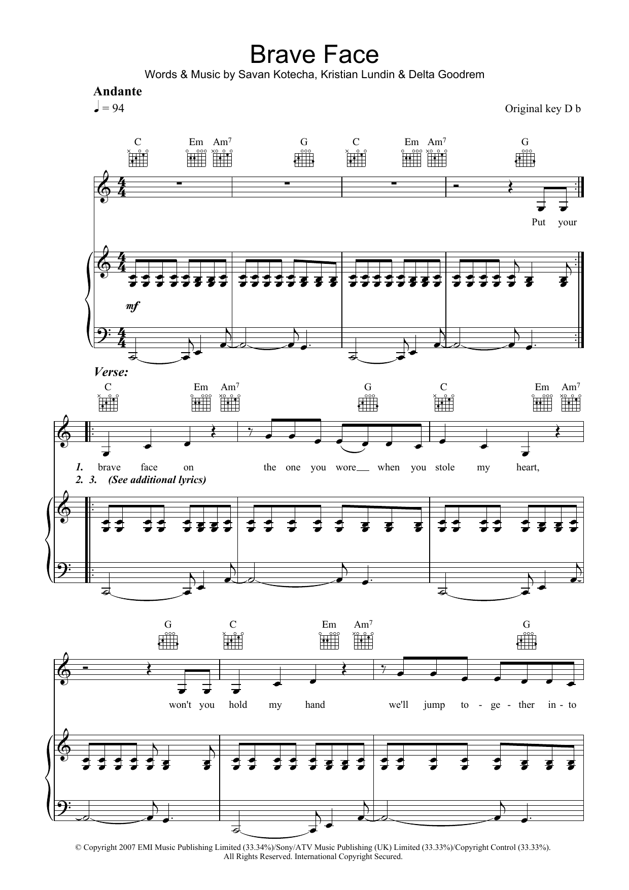 Delta Goodrem Brave Face Sheet Music Notes & Chords for Piano, Vocal & Guitar - Download or Print PDF
