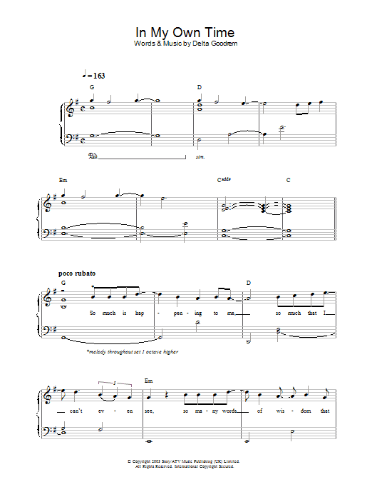 Delta Goodrem In My Own Time Sheet Music Notes & Chords for Piano, Vocal & Guitar (Right-Hand Melody) - Download or Print PDF