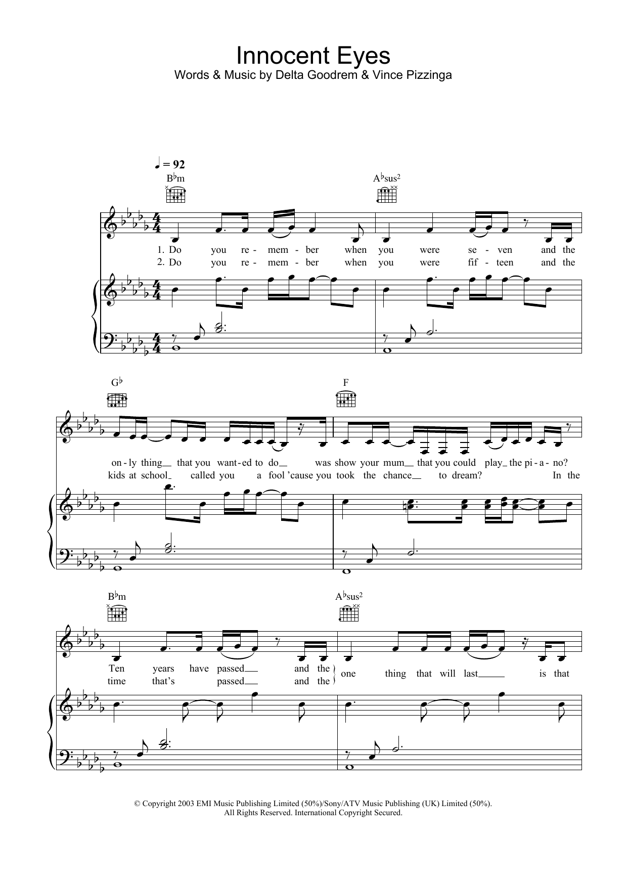 Delta Goodrem Innocent Eyes Sheet Music Notes & Chords for Piano Solo - Download or Print PDF