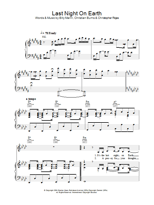 Delta Goodrem Last Night On Earth Sheet Music Notes & Chords for Piano, Vocal & Guitar (Right-Hand Melody) - Download or Print PDF