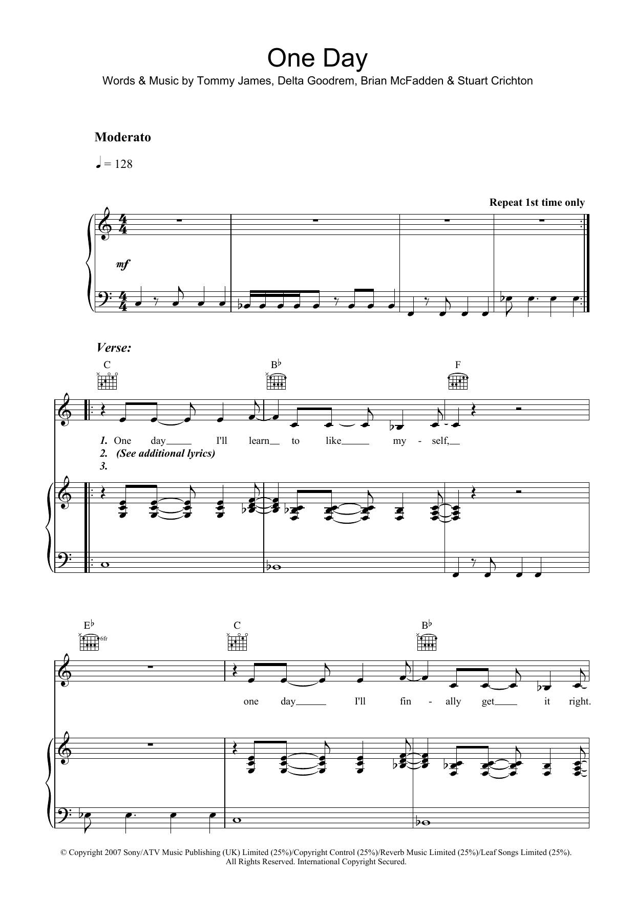 Delta Goodrem One Day Sheet Music Notes & Chords for Piano, Vocal & Guitar (Right-Hand Melody) - Download or Print PDF