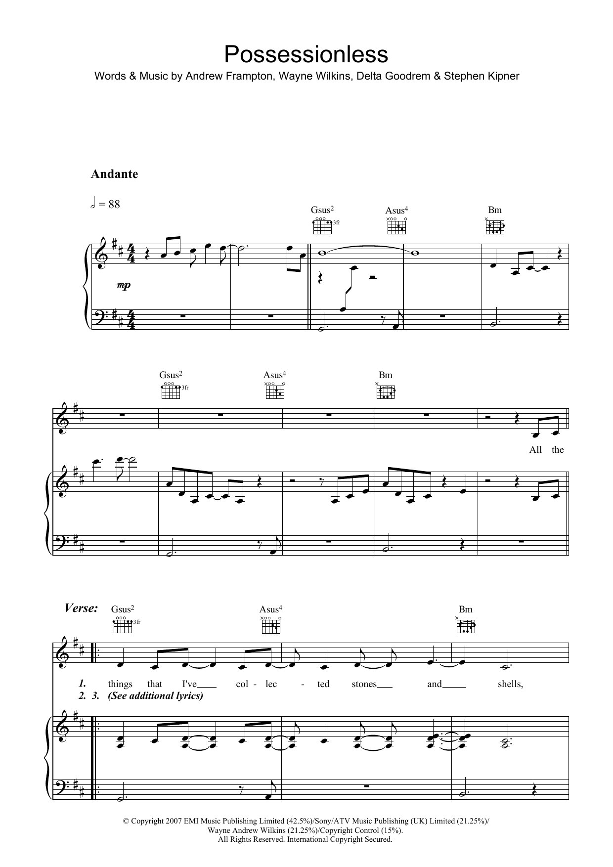 Delta Goodrem Possessionless Sheet Music Notes & Chords for Piano, Vocal & Guitar (Right-Hand Melody) - Download or Print PDF