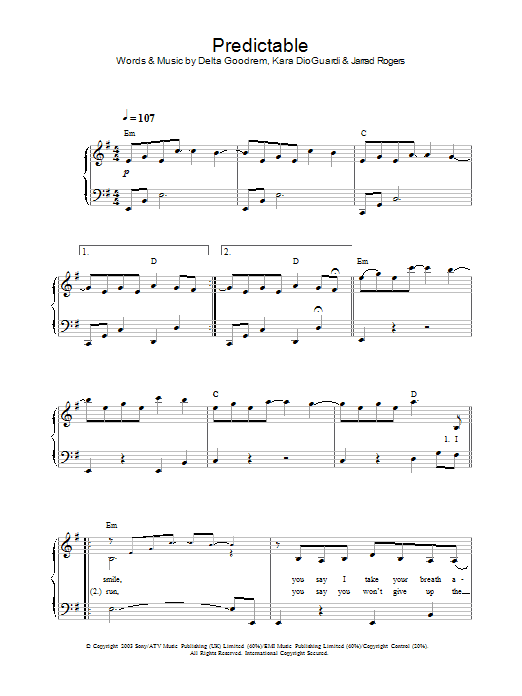 Delta Goodrem Predictable Sheet Music Notes & Chords for Easy Piano - Download or Print PDF