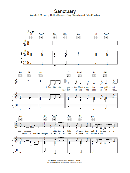 Delta Goodrem Sanctuary Sheet Music Notes & Chords for Piano, Vocal & Guitar (Right-Hand Melody) - Download or Print PDF