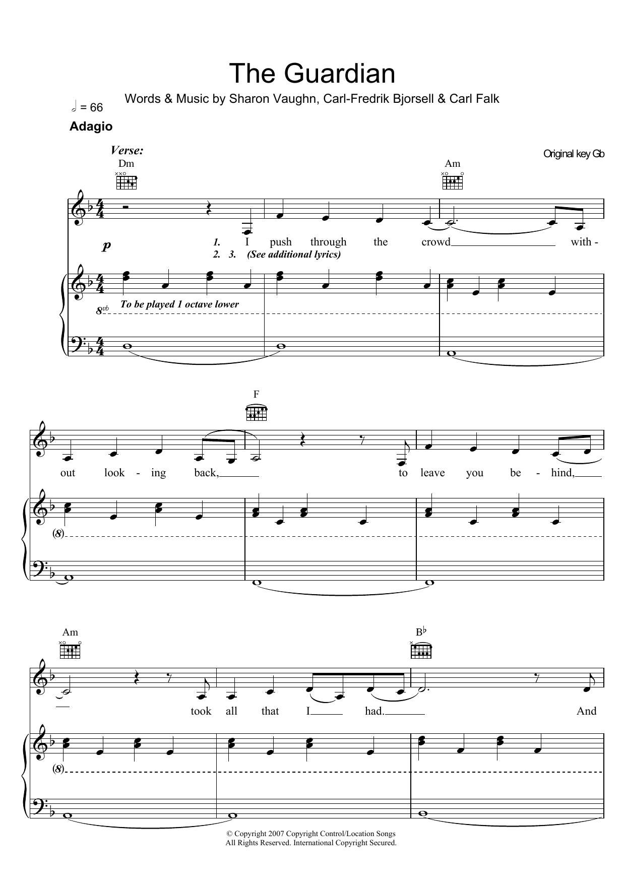 Delta Goodrem The Guardian Sheet Music Notes & Chords for Piano, Vocal & Guitar - Download or Print PDF